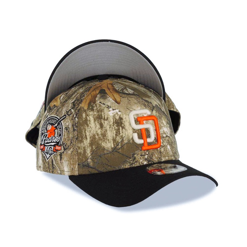 San Diego Padres New Era MLB 9FORTY 940 Adjustable A-Frame Cap Hat Real Tree Edge Camo Crown Black Visor White/Orange Logo 40th Anniversary Side Patch