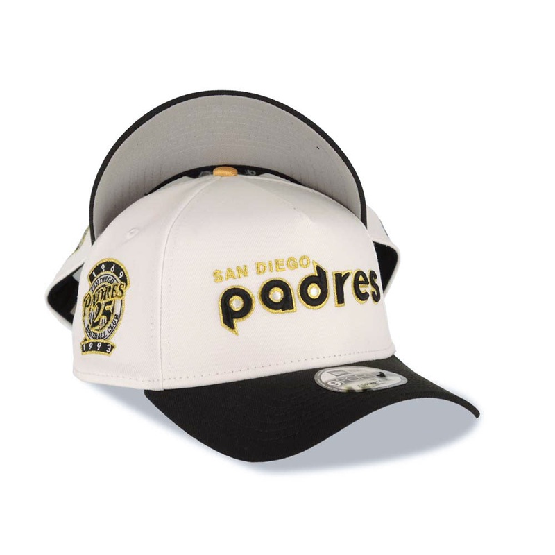 San Diego Padres New Era MLB 9FORTY 940 Adjustable A-Frame Cap Hat White Crown Black Visor Black/Metallic Gold Logo 25th Anniversary Side Patch