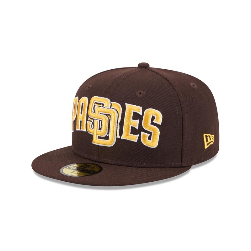 (Youth) San Diego Padres New Era MLB 59FIFTY 5950 Kid Fitted Cap Hat Brown Crown/Visor Yellow/White Overlap Logo