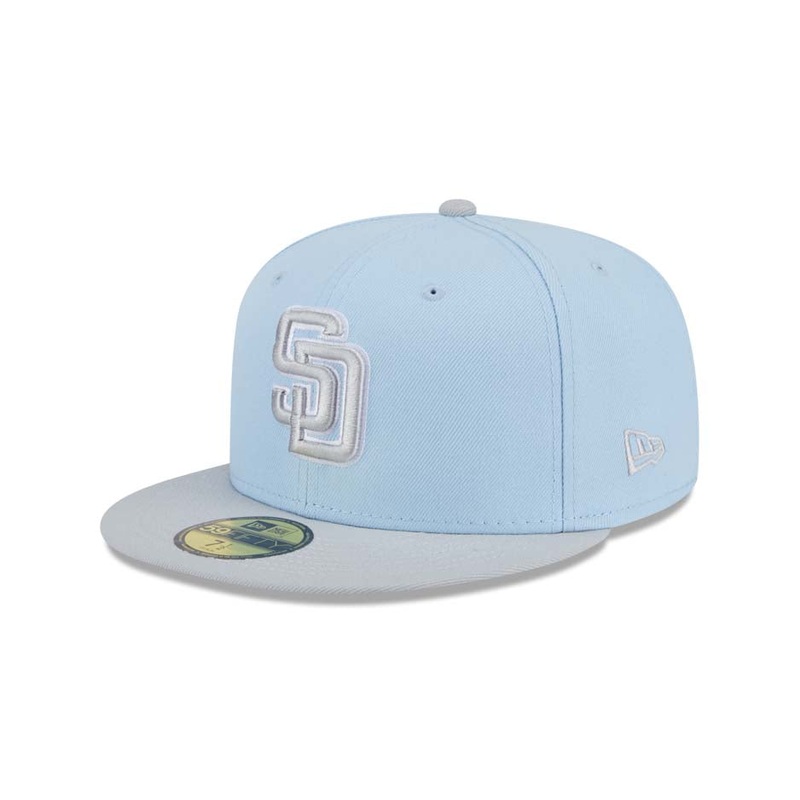 (Youth) San Diego Padres New Era MLB 59FIFTY 5950 Kid Fitted Cap Hat Light Blue Crown Gray Visor Dark Gray/Gray Logo (2-Tone Color Pack)