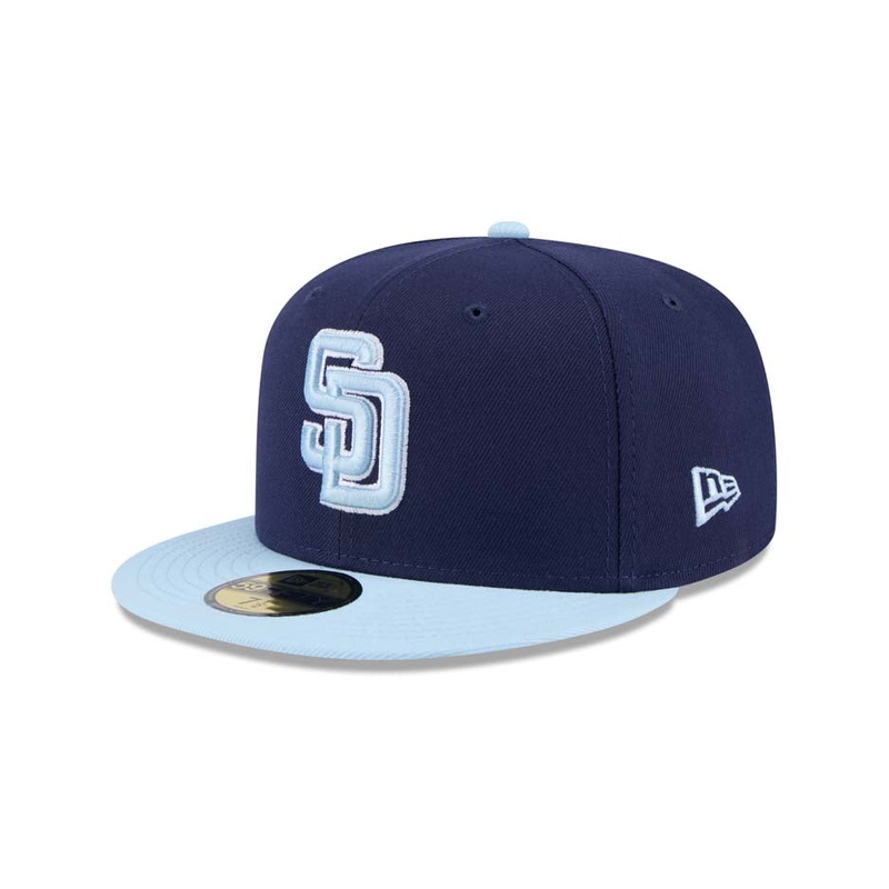 (Youth) San Diego Padres New Era MLB 59FIFTY 5950 Kid Fitted Cap Hat Navy Blue Crown Light Blue Visor Light Blue/White Logo (2-Tone Color Pack)