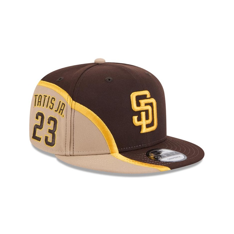 (Youth) San Diego Padres New Era MLB 9FIFTY 950 Kid Snapback Cap Hat Brown/Yellow/Tan Crown/Visor Yellow Logo Tatis Jr. 23 Side Patch