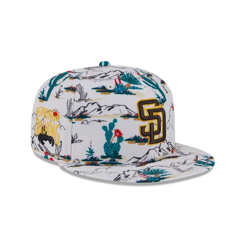 (Youth) San Diego Padres New Era MLB 9FIFTY 950 Snapback Kid Cap Hat Cream Crown/Visor Brown/Yellow Logo (2025 Spring Training)