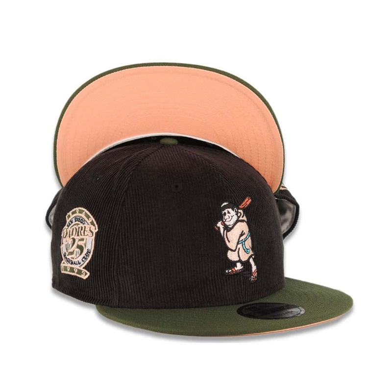 (Corduroy Crown) San Diego Padres New Era MLB 9FIFTY 950 Snapback Cap Hat Black Crown Olive Visor Peach Batting Friar Logo 25th Anniversary Side Patch