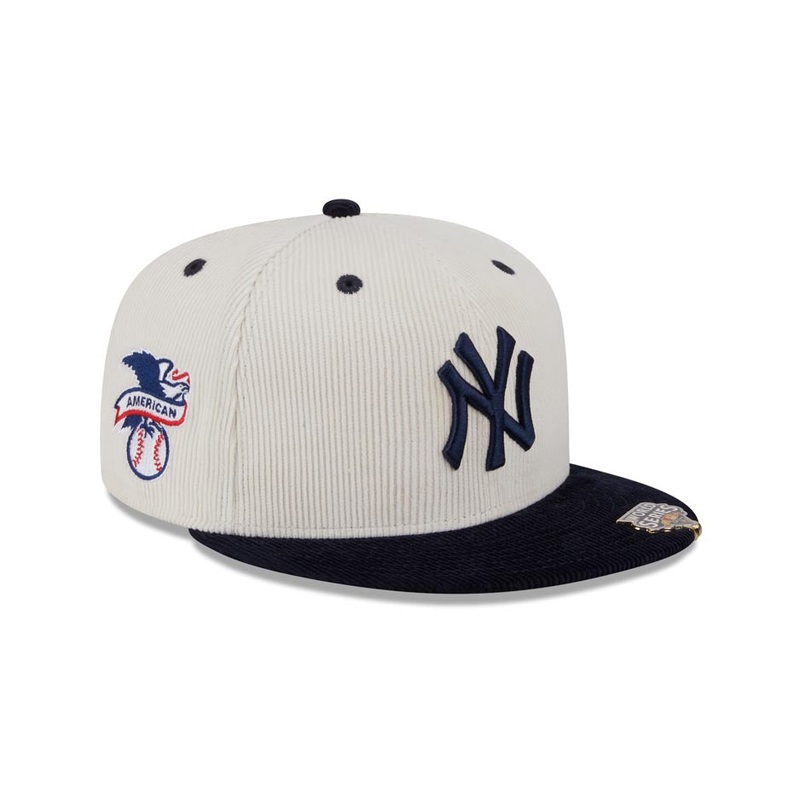 (Corduroy) New York Yankees New Era MLB 59FIFTY 5950 Fitted Cap Hat Cream Crown Navy Visor Navy Blue Logo American League Side Patch