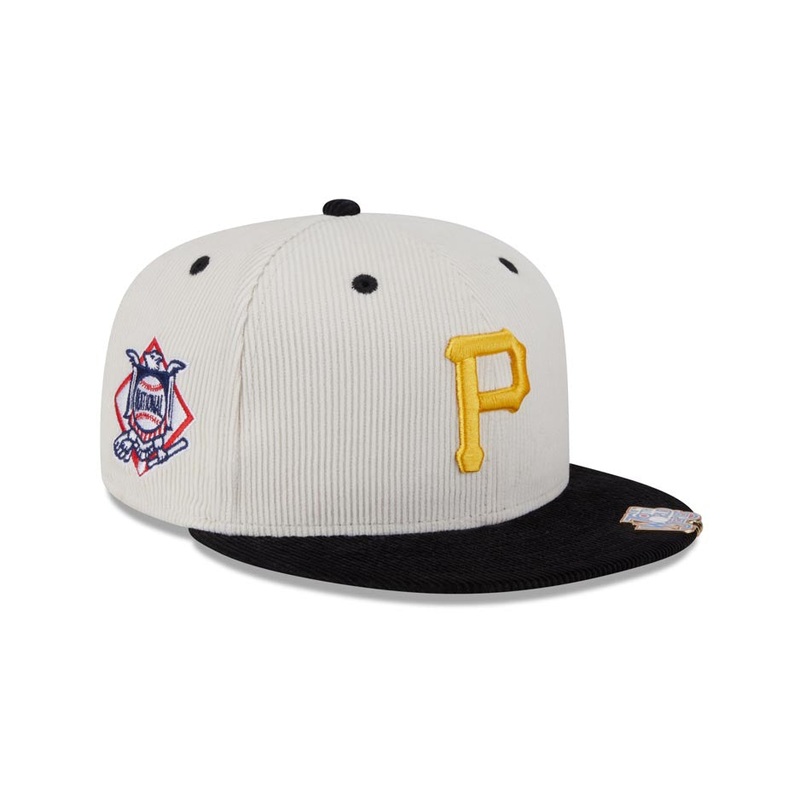 (Corduroy) Pittsburgh Pirates New Era MLB 59FIFTY 5950 Fitted Cap Hat Cream Crown Black Visor Yellow Logo Natiional League Side Patch