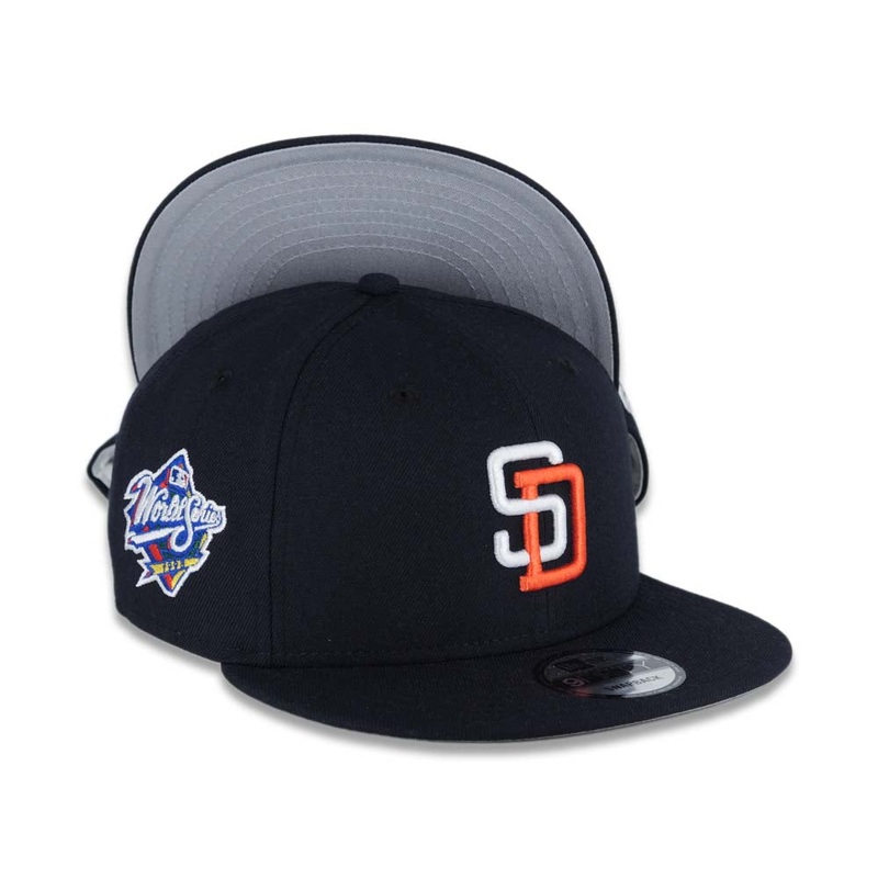 San Diego Padres New Era MLB 9FIFTY 950 Snapback Cap Hat Navy Crown/Visor White/Orange Logo 1998 World Series Side Patch (Tony Gwynn)