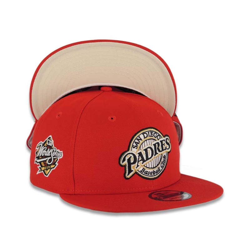 San Diego Padres New Era MLB 9FIFTY 950 Snapback Cap Hat Red Crown/Visor Black/Metallic Red Baseball Club Logo 1998 World Series Side Patch Cream UV
