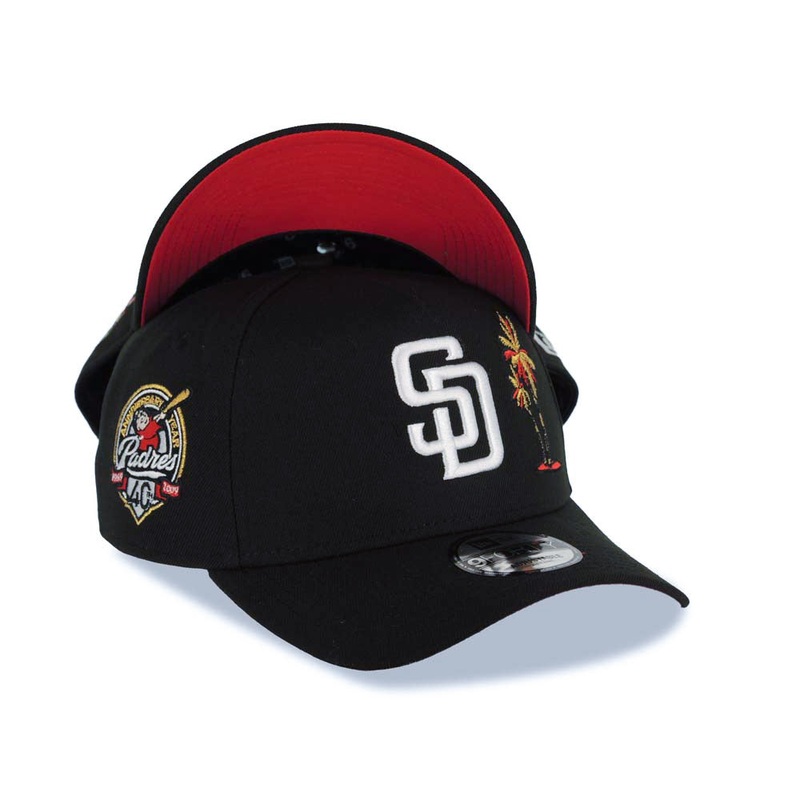 San Diego Padres New Era MLB 9FORTY 940 Adjustable A-Frame Cap Hat Black Crown/Visor White Logo With Palm Trees 40th Anniversary Side Patch