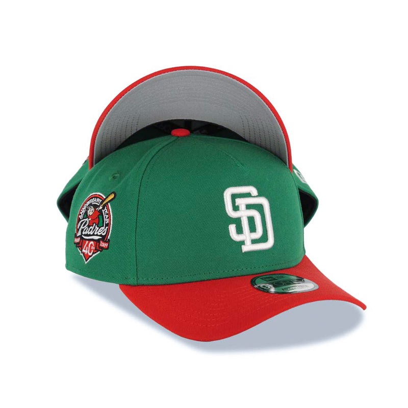 San Diego Padres New Era MLB 9FORTY 940 Adjustable A-Frame Cap Hat Green Crown Red Visor White Logo 40th Anniversary Side Patch