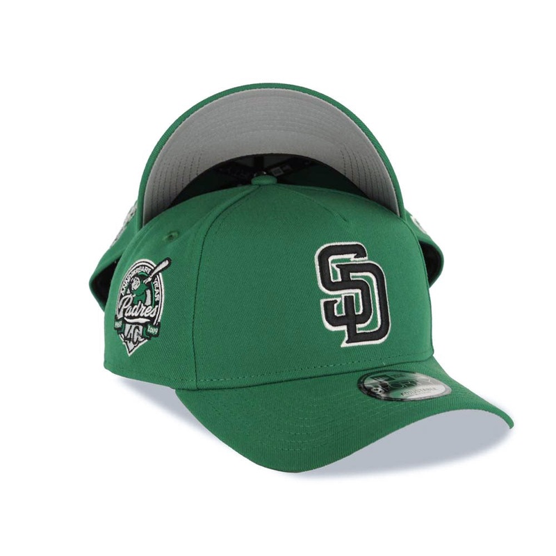 San Diego Padres New Era MLB 9FORTY 940 Adjustable A-Frame Cap Hat Green Crown/Visor Black/White Logo 40th Anniversary Side Patch