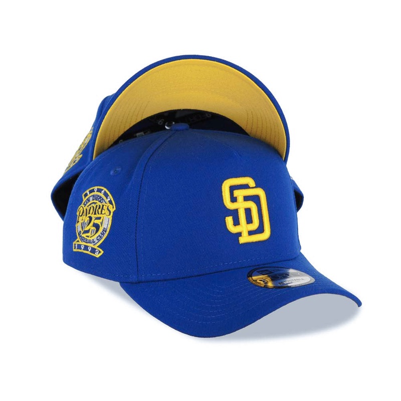 San Diego Padres New Era MLB 9FORTY 940 Adjustable A-Frame Cap Hat Royal Blue Crown/Visor Yellow Logo 25th Anniversary Side Patch Yellow UV