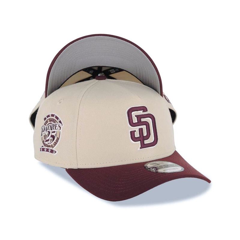 San Diego Padres New Era MLB 9FORTY 940 Adjustable A-Frame Cap Hat Stone Crown Maroon Visor Maroon Logo 25th Anniversary Side Patch