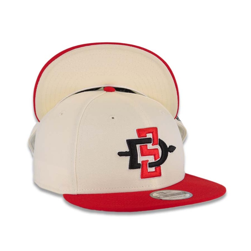 San Diego State Aztecs New Era NCAA 9FIFTY 950 Snapback Cap Hat Cream Crown Red Visor Red/Black/White Team Color Logo Cream UV
