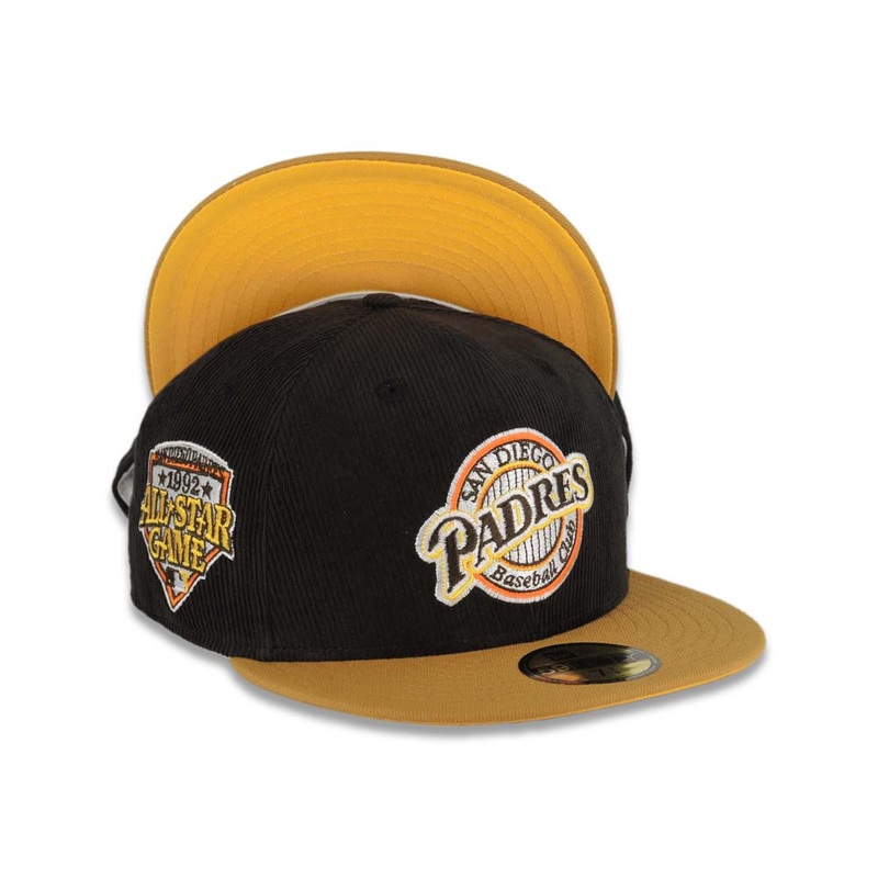 (Corduroy Crown) San Diego Padres New Era MLB 59FIFTY 5950 Fitted Cap Hat Black Crown Tan Visor Brown Baseball Club Logo 1992 All-Star Game Side Patch