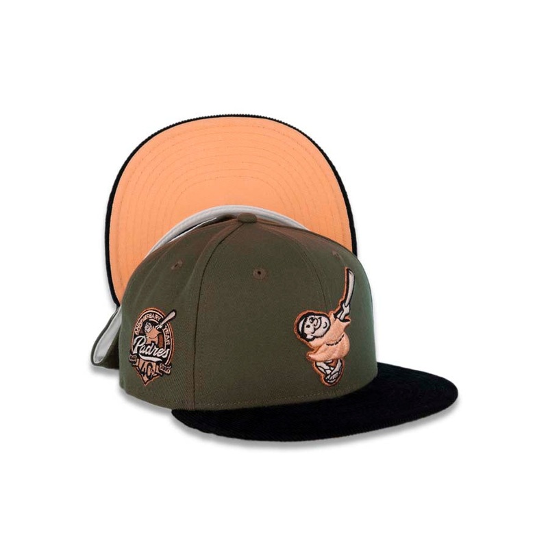 (Corduroy Visor) San Diego Padres New Era MLB 59FIFTY 5950 Fitted Cap Hat Olive Crown Black Visor Swinging Friar Logo 40th Anniversary Side Patch