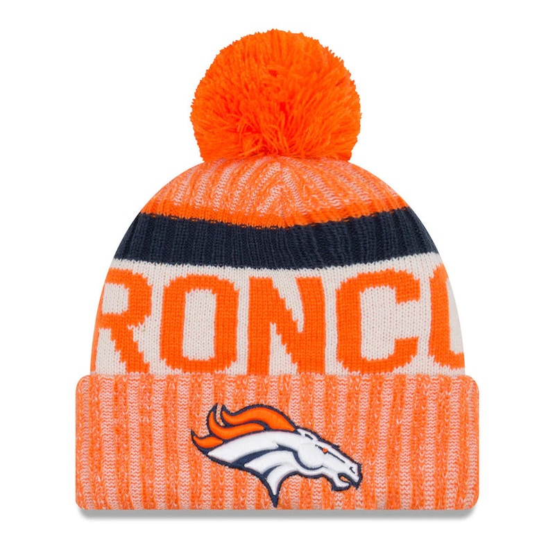 Denver Broncos New Era NFL Cuffed Pom Knit Beanie Orange/White Crown/Cuff Team Color Logo (2017 Sideline)