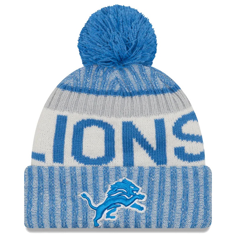 Detroit Lions New Era NFL Cuffed Pom Knit Beanie Royal Blue/White Crown/Cuff Team Color Logo (2017 Sideline)