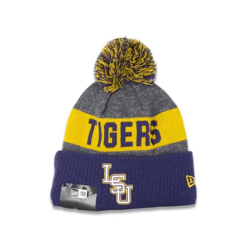 LSU Tigers New Era NCAA Cuffed Pom Knit Beanie Gray/Yellow/Purple Crown/Cuff Team Color Logo