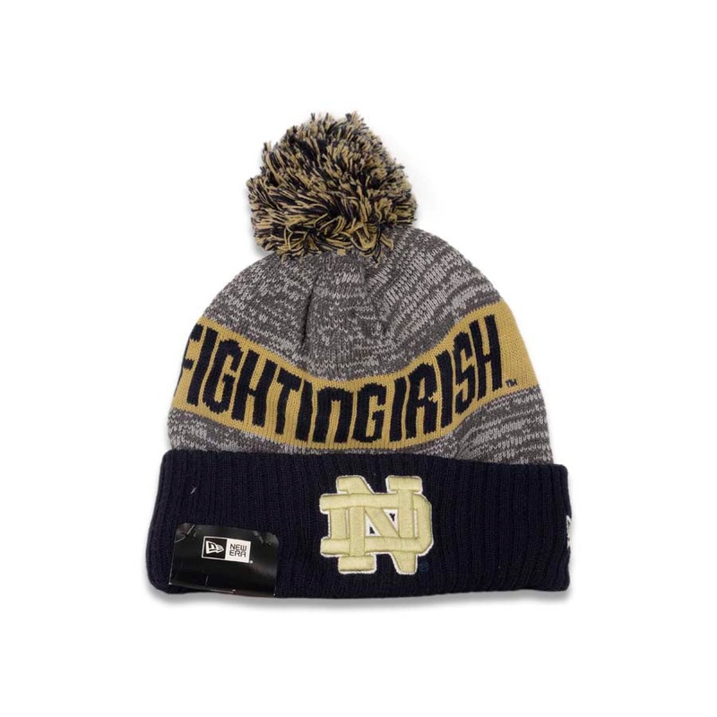 Notre Dame Fighting Irish New Era Cuffed Pom Knit Beanie Gray/Black/Tan Crown/Cuff Team Color Logo
