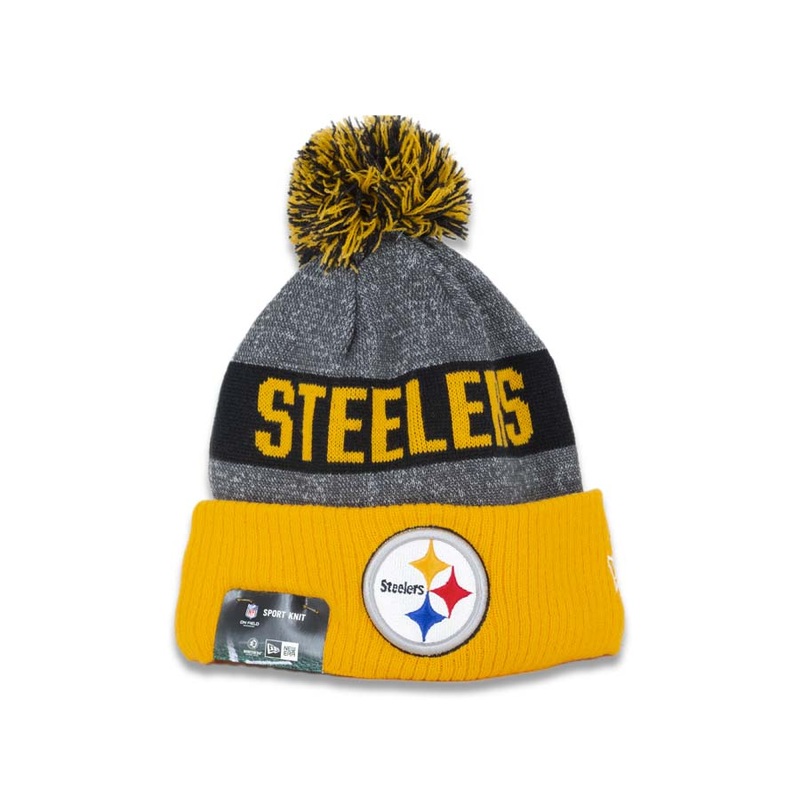 Pittsburgh Steelers New Era NFL Cuffed Pom Knit Beanie Dark Gray/Black Crown Yellow Cuff Team Color Logo (2016 Sideline)