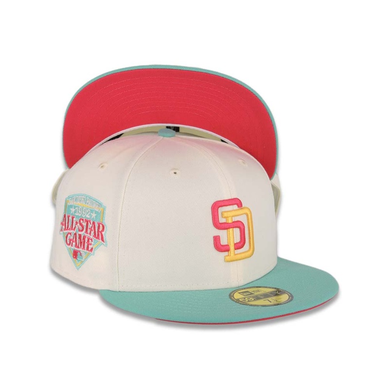 (City Connect Color) San Diego Padres New Era MLB 59FIFTY 5950 Fitted Cap Hat Cream Crown Teal Visor Magenta/Yellow Logo 1992 All-Star Game Side Patch