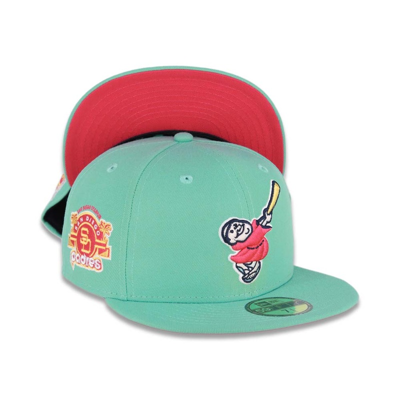 (City Connect Color) San Diego Padres New Era MLB 59FIFTY 5950 Fitted Cap Hat Teal Crown/Visor Magenta/Yellow Swinging Friar Logo Stadium Side Patch