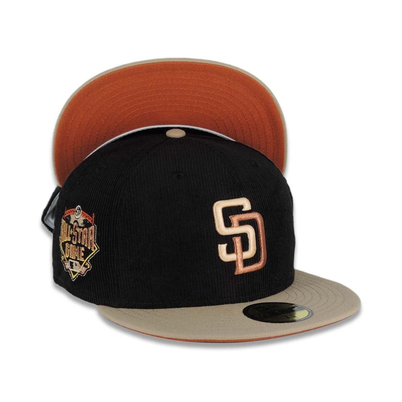 (Corduroy Crown) San Diego Padres New Era MLB 59FIFTY 5950 Fitted Cap Hat Black Crown Khaki Visor Metallic Brown Logo 2016 All-Star Game Side Patch