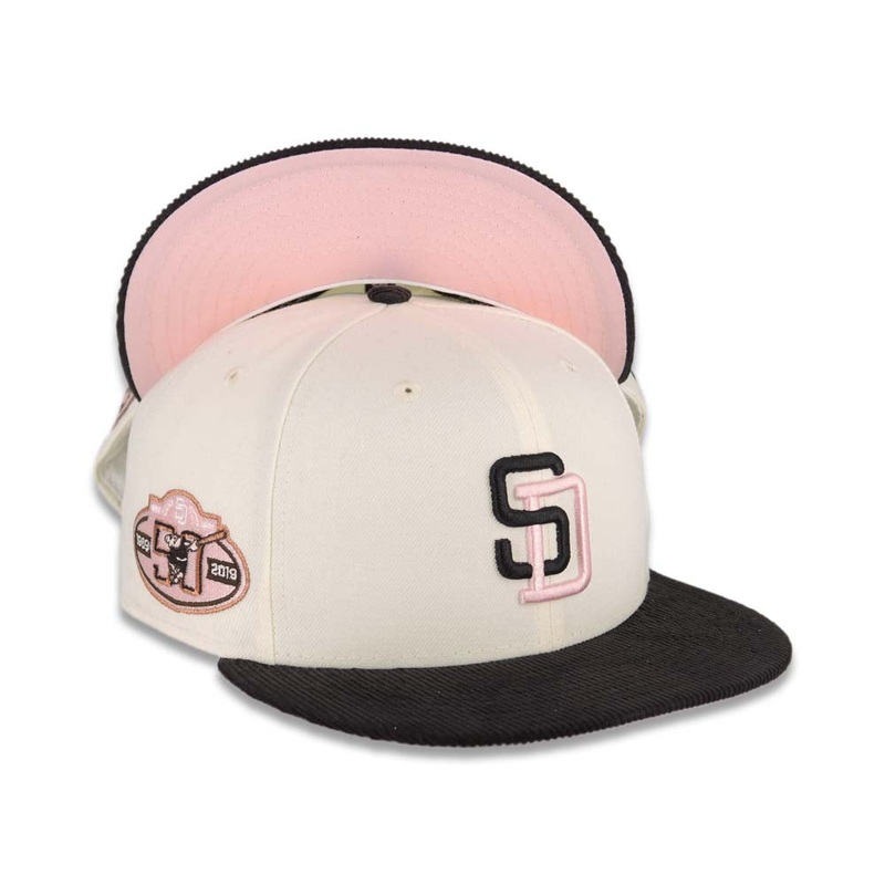 (Corduroy Visor) San Diego Padres New Era MLB 59FIFTY 5950 Fitted Cap Hat Cream Crown Black Visor Black/Pink Logo 50th Anniversary Side Patch