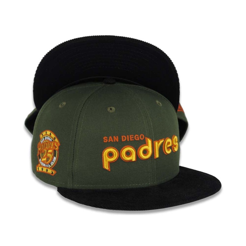 (Corduroy Visor) San Diego Padres New Era MLB 59FIFTY 5950 Fitted Cap Hat Olive Green Crown Black Visor Yellow/Orange Script Logo 25th Anniversary Side Patch