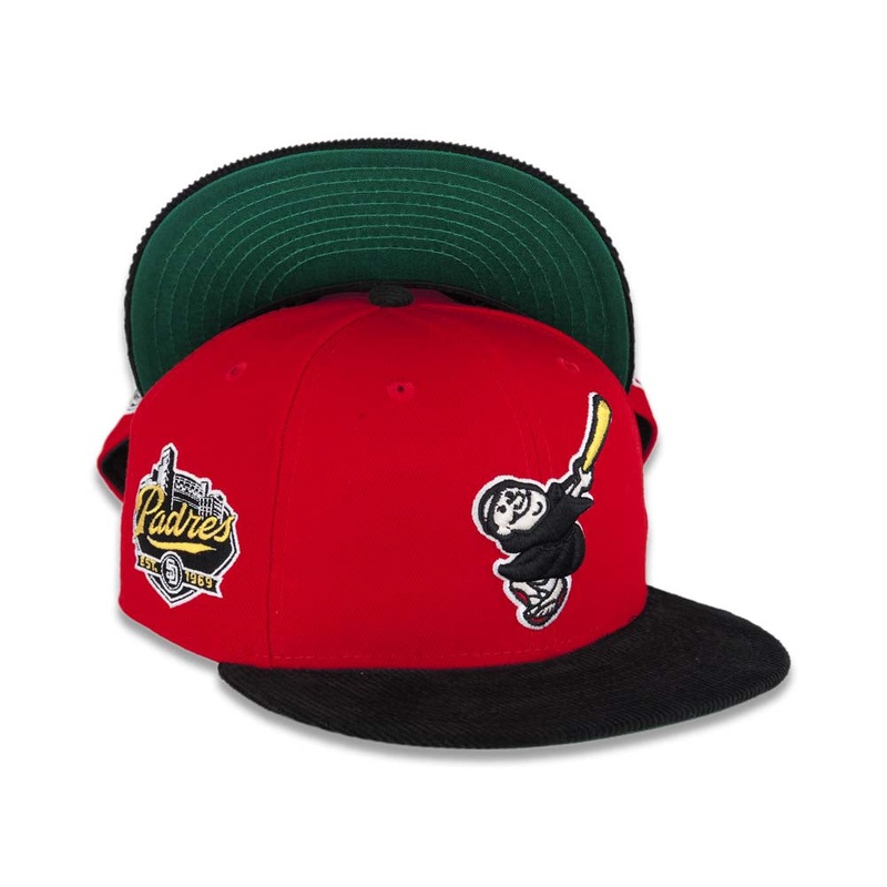 (Corduroy Visor) San Diego Padres New Era MLB 59FIFTY 5950 Fitted Cap Hat Red Crown Black Visor Black Swinging Friar Logo Established 1969 Side Patch