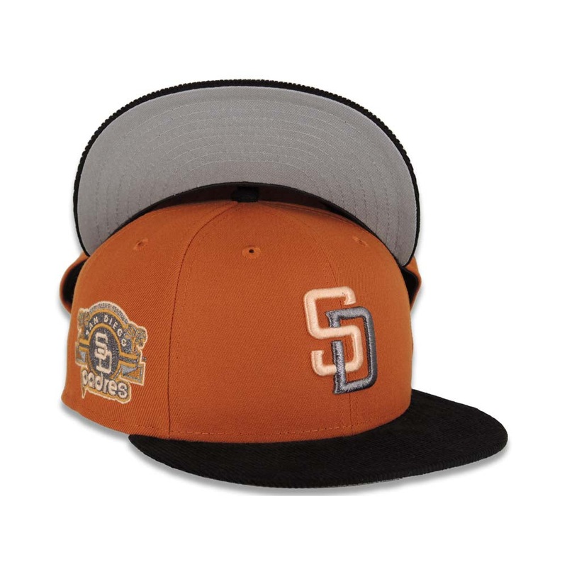 (Corduroy Visor) San Diego Padres New Era MLB 59FIFTY 5950 Fitted Cap Hat Rust Orange Crown Black Visor Peach/Metallic Gray Logo Stadium Side Patch