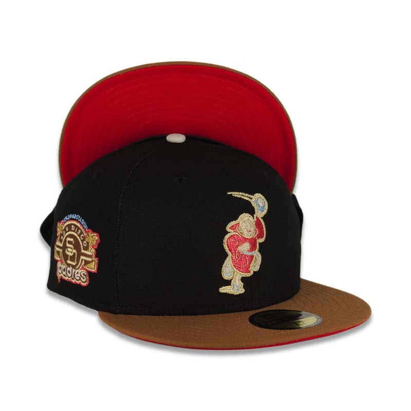 (Exclusive) San Diego Padres New Era MLB 59FIFTY 5950 Fitted Cap Hat Cotton Black Crown Tan Visor Metallic Red Catching Friar Logo Stadium Side Patch