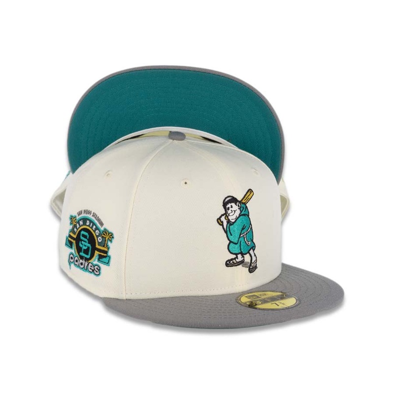 (Glow In The Dark) San Diego Padres New Era MLB 59FIFTY 5950 Fitted Cap Hat Cream Crown Gray Visor Teal Batting Friar Logo Stadium Side Patch