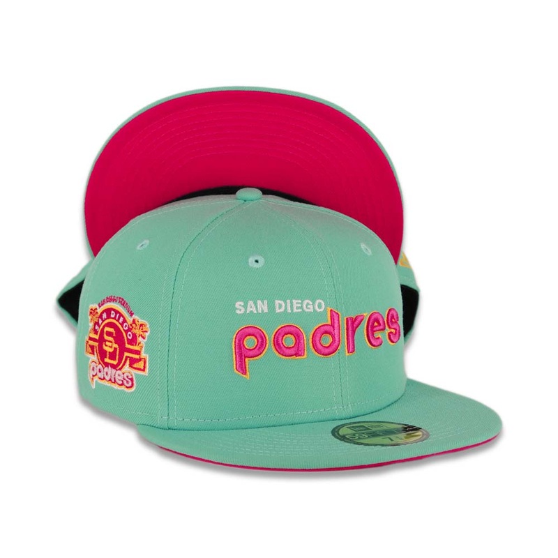 (City Connect Colors) San Diego Padres New Era MLB 59FIFTY 5950 Fitted Cap Hat Teal Crown/Visor Magenta/Yellow/White Script Logo Stadium Side Patch Magenta UV