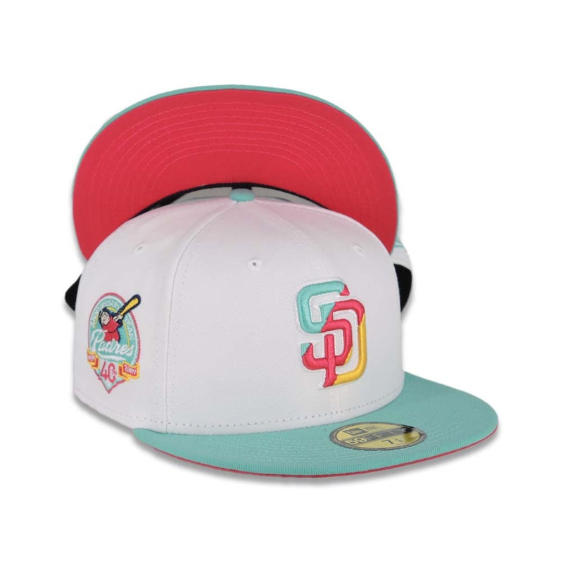 (City Connect Colors) San Diego Padres New Era MLB 59FIFTY 5950 Fitted Cap Hat White Crown Teal Visor Teal/Magenta/Yellow 40th Anniversary Side Patch