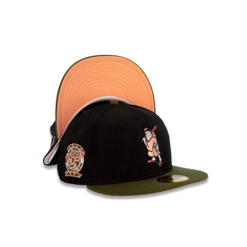 (Corduroy Crown) San Diego Padres New Era MLB 59FIFTY 5950 Fitted Cap Hat Black Crown Green Visor Batting Friar Logo 25th Anniversary Side Patch Peach
