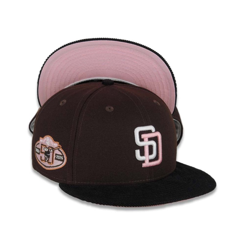 (Corduroy Visor) San Diego Padres New Era MLB 59FIFTY 5950 Fitted Cap Hat Dark Brown Crown Black Visor White/Pink Logo 50th Anniversary Side Patch