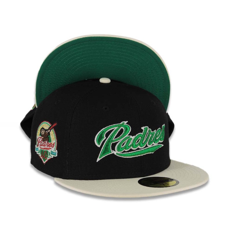 (Mexico Flag Colors) San Diego Padres New Era MLB 59FIFTY 5950 Fitted Cap Hat Black Canvas Crown Cream Visor Metallic Green/White Script Logo 40th Anniversary Side Patch