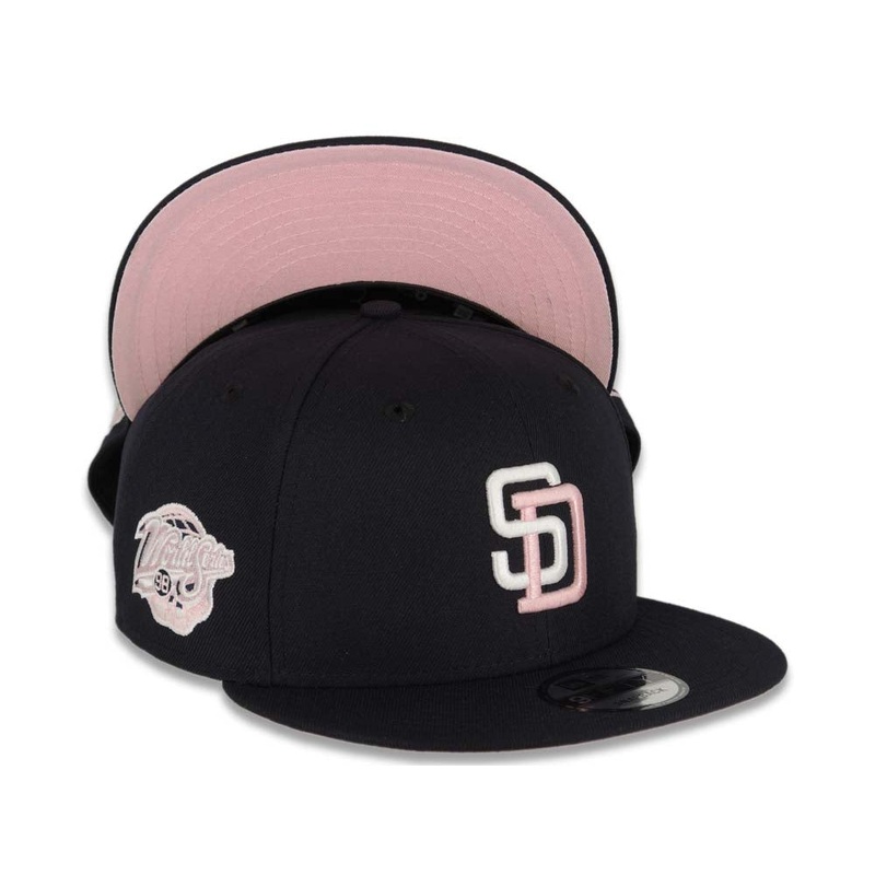 San Diego Padres New Era MLB 9FIFTY 950 Snapback Cap Hat Navy Blue Crown/Visor White/Pink Logo 1998 World Series Side Patch Pink UV