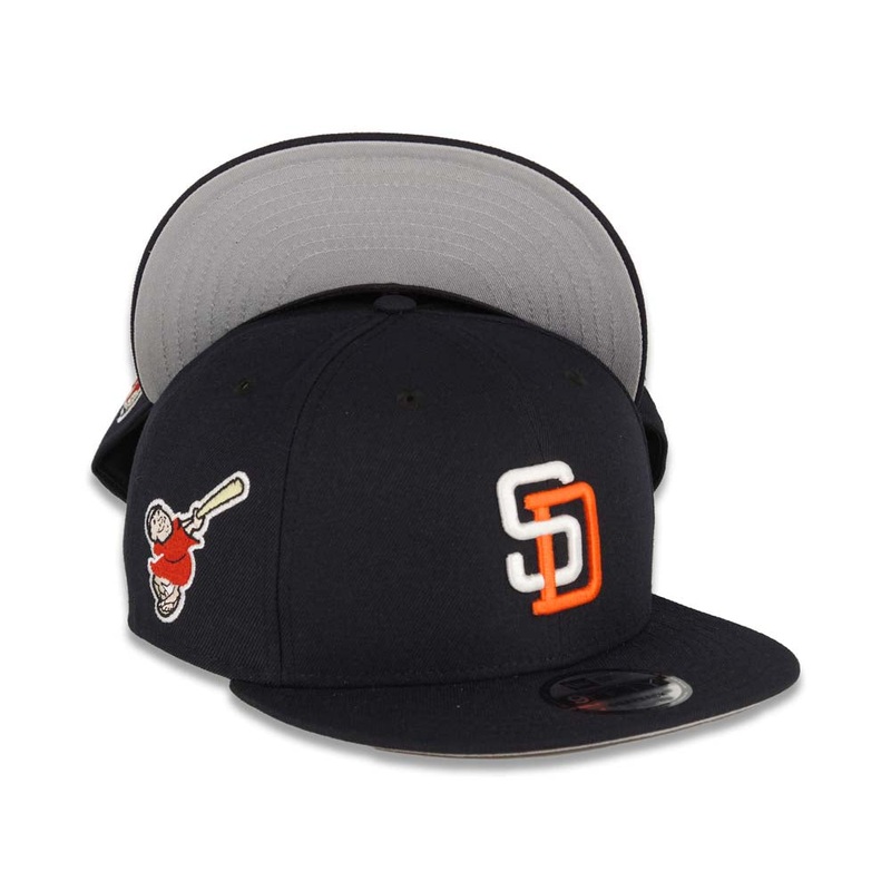 San Diego Padres New Era MLB 9FIFTY 950 Snapback Cap Hat Navy Crown/Visor White/Orange Logo Swinging Friar Side Patch Gray UV