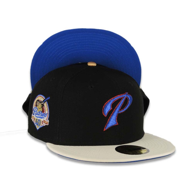 (The Philippines Flag Colors) San Diego Padres New Era MLB 59FIFTY 5950 Fitted Cap Hat Black Canvas Crown Cream Visor Metallic Blue/Metallic Red Logo 40th Anniversary Side Patch