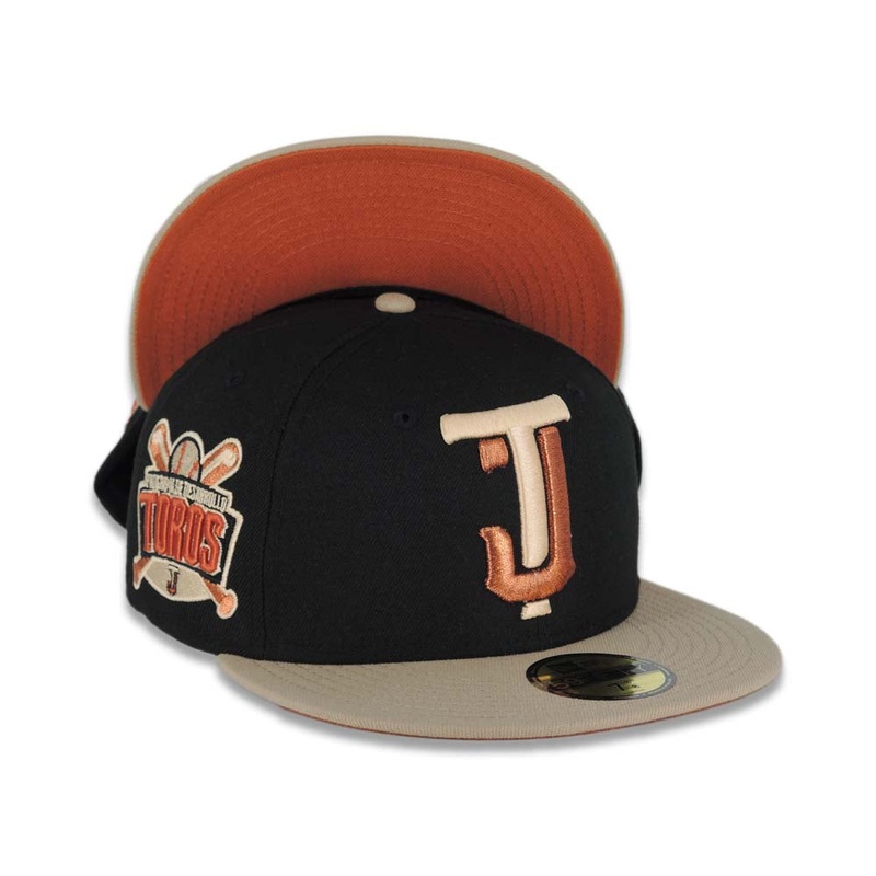 Toros de Tijuana New Era LMB 59FIFTY 5950 Fitted Cap Hat Black Crown Khaki Visor Metallic Brown/Peach Logo Desarollo Toros Side Patch Dark Orange UV