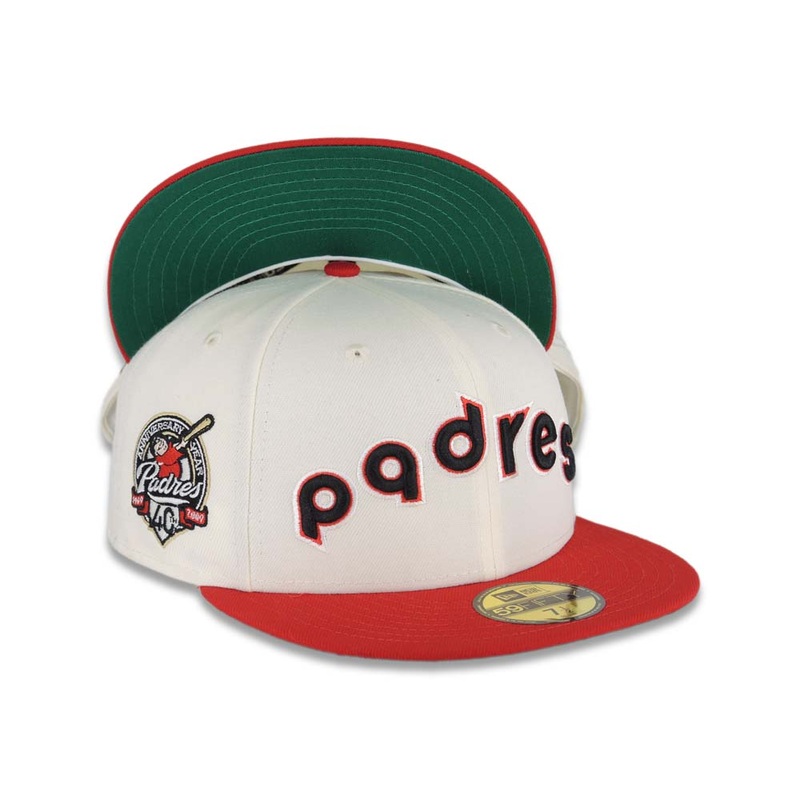(Youth) San Diego Padres New Era MLB 59FIFTY 5950 Fitted Cap Hat Cream Crown Red Visor Black Script Logo 40th Anniversary Side Patch