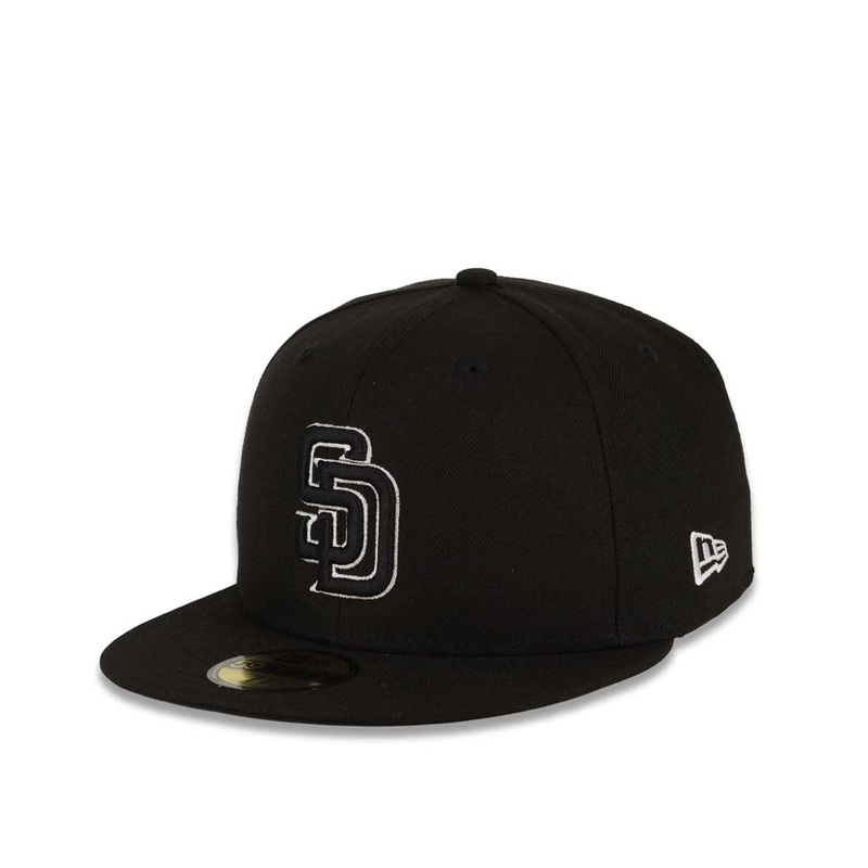 (Youth) San Diego Padres New Era MLB 59FIFTY 5950 Fitted Kid Cap Hat Black Crown/Visor Black/White Logo Black UV
