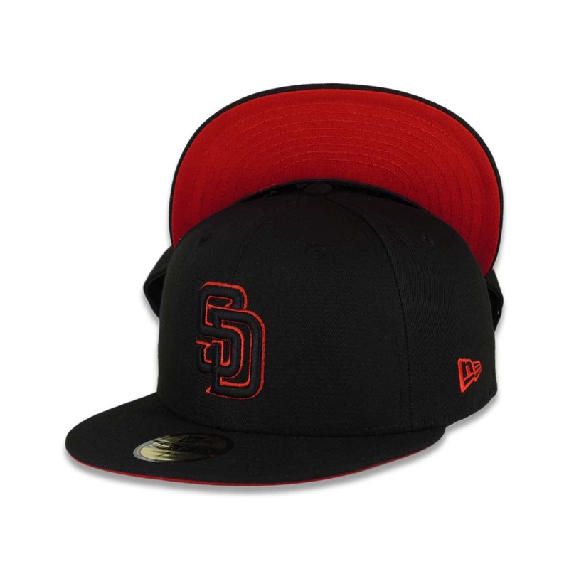 (Youth) San Diego Padres New Era MLB 59Fifty 5950 Kid Fitted Cap Hat Black Crown/Visor Black/Red Logo