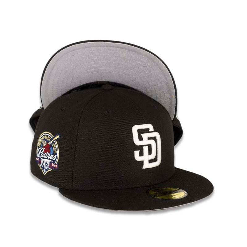 (Youth) San Diego Padres New Era MLB 59Fifty 5950 Kid Fitted Cap Hat Black Crown White Logo 40th Anniversary Side Patch Gray UV