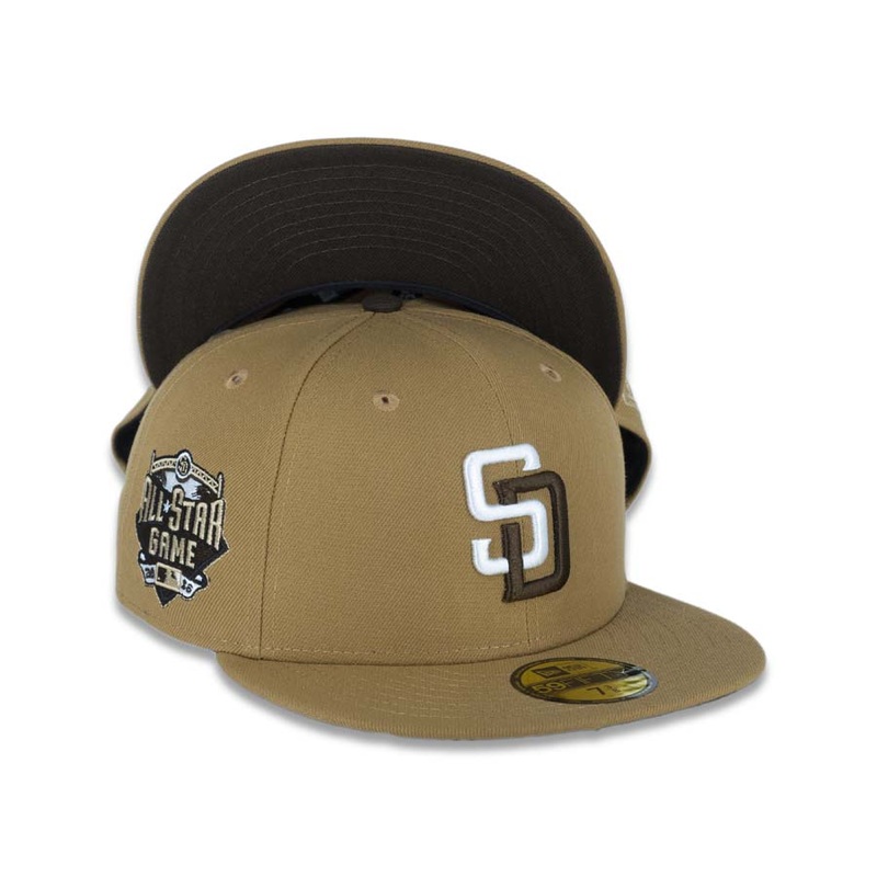 (Youth) San Diego Padres New Era MLB 59FIFTY 5950 Kid Fitted Cap Hat Wheat Crown/Visor White/Brown Logo 2016 All-Star Game Side Patch (Cookie Dough)