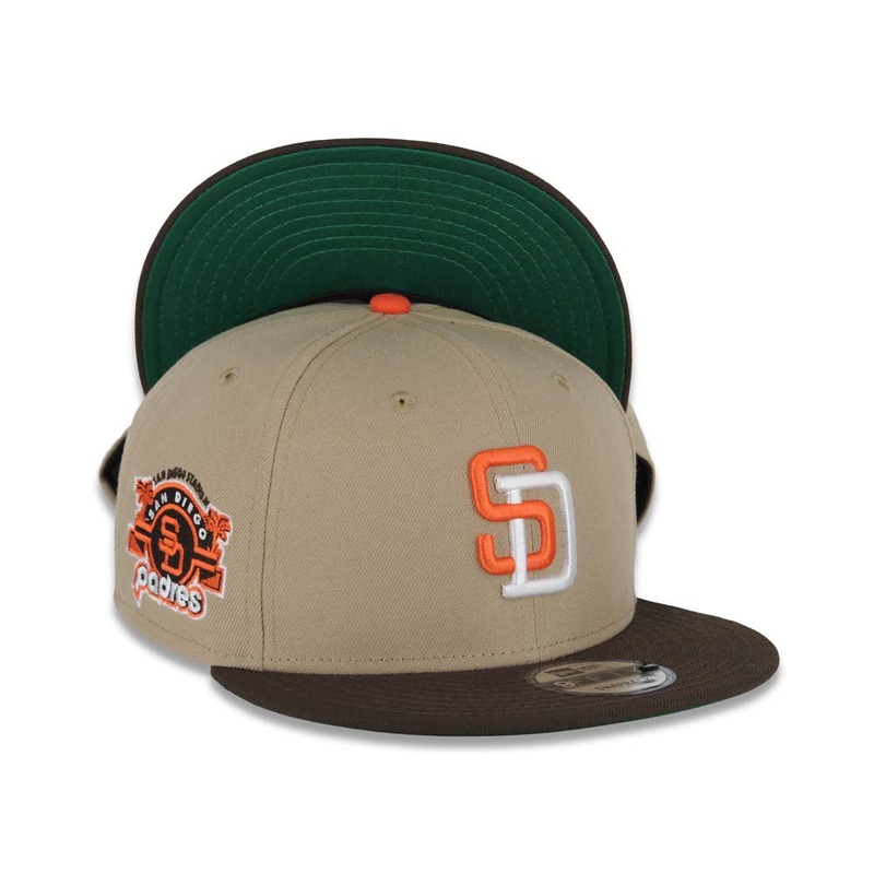 San Diego Padres New Era MLB 9FIFTY 950 Snapback Cap Hat Khaki Crown Brown Visor Orange/White Logo Stadium Side Patch Green UV