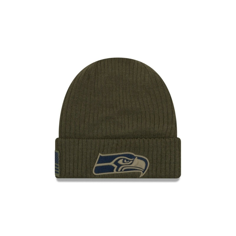 Seattle Seahawks New Era NFL Cuffed Knit Beanie 2018 Salute To Service Olive Green Crown/Cuff Team Color Logo